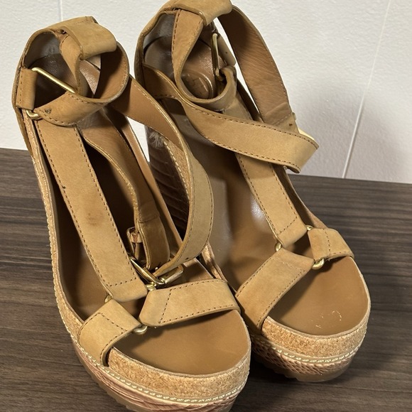Tory Burch Shoes - Pre-owned Tory Burch Women's Tan Leather High Heel Wedge Sandals Sz 7M